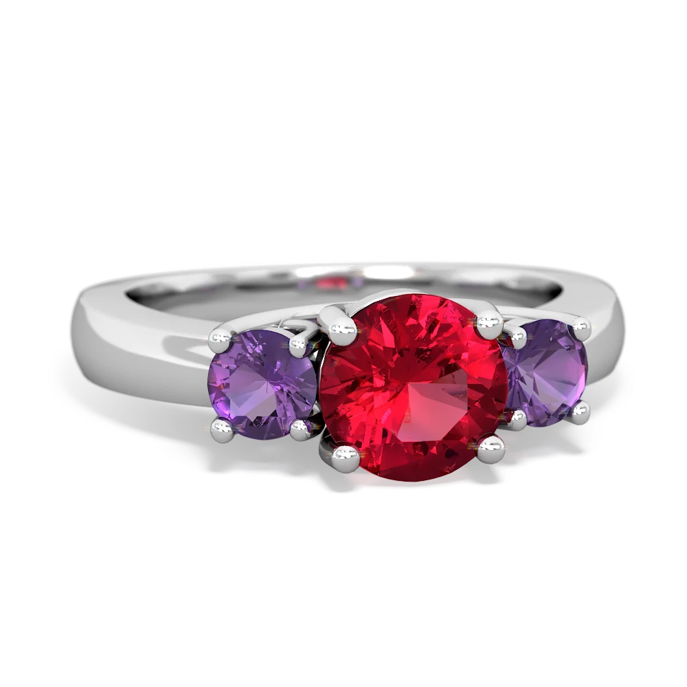 Lab Ruby Three Stone Round Trellis 14K White Gold ring R4018