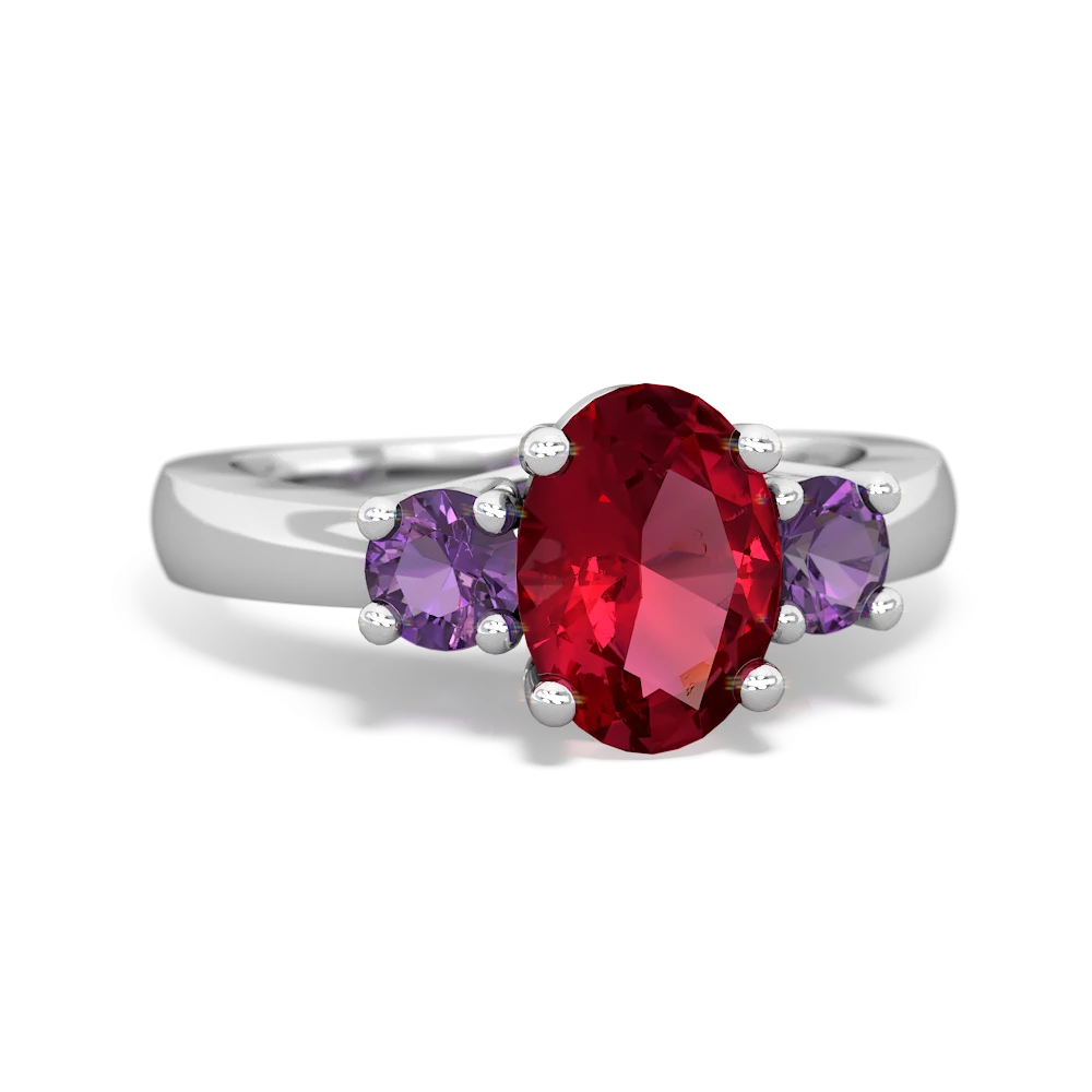 Lab Ruby Three Stone Oval Trellis 14K White Gold ring R4024