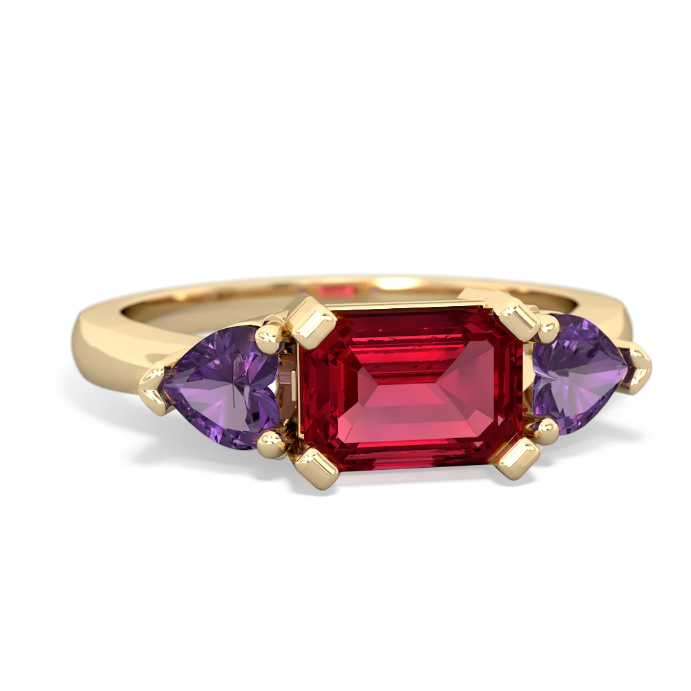 Lab Ruby Three Stone 14K Yellow Gold ring R5235