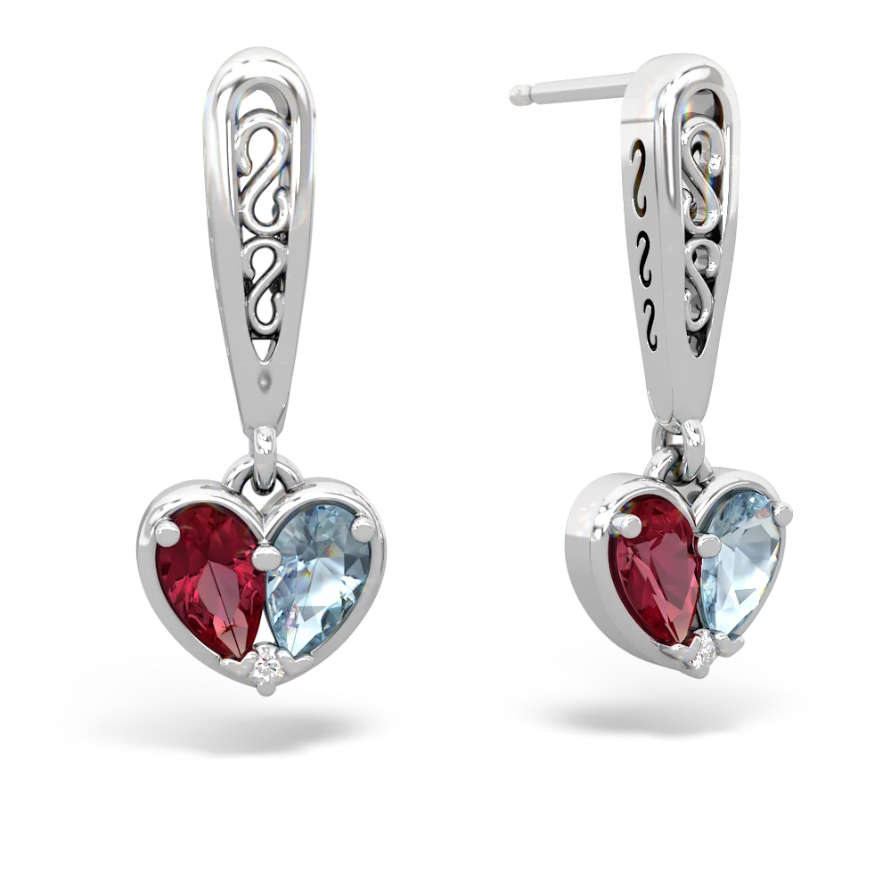 Lab Ruby Filligree Heart 14K White Gold earrings E5070