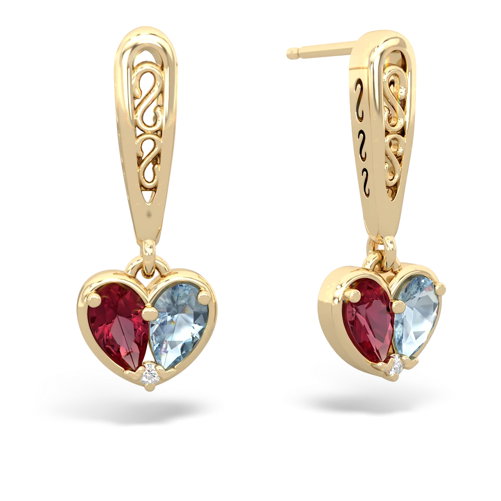 Lab Ruby Filligree Heart 14K Yellow Gold earrings E5070