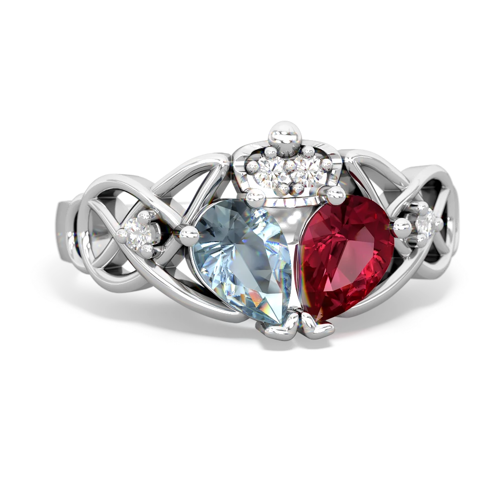 Lab Ruby 'One Heart' Celtic Knot Claddagh 14K White Gold ring R5322