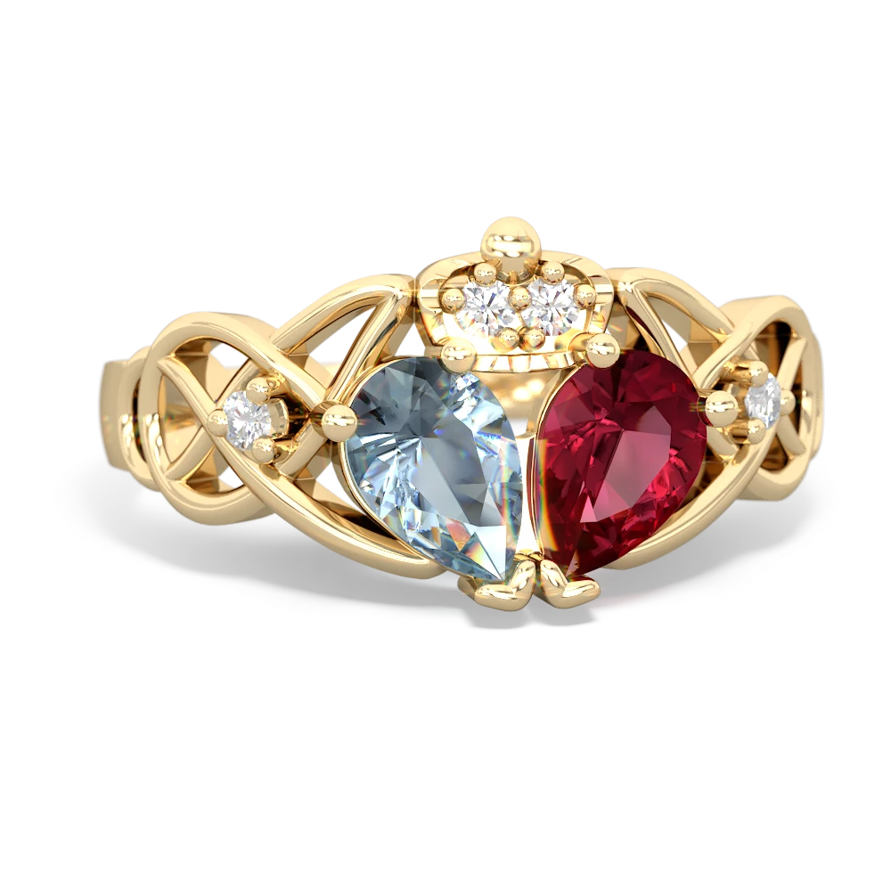 Lab Ruby 'One Heart' Celtic Knot Claddagh 14K Yellow Gold ring R5322