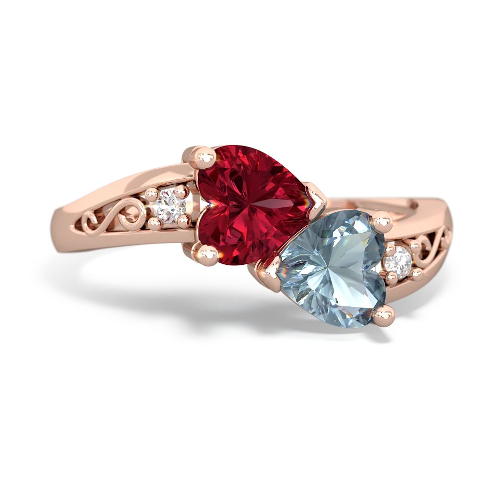 Lab Ruby Snuggling Hearts 14K Rose Gold ring R2178