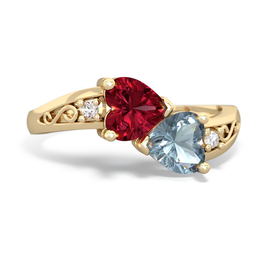 Lab Ruby Snuggling Hearts 14K Yellow Gold ring R2178