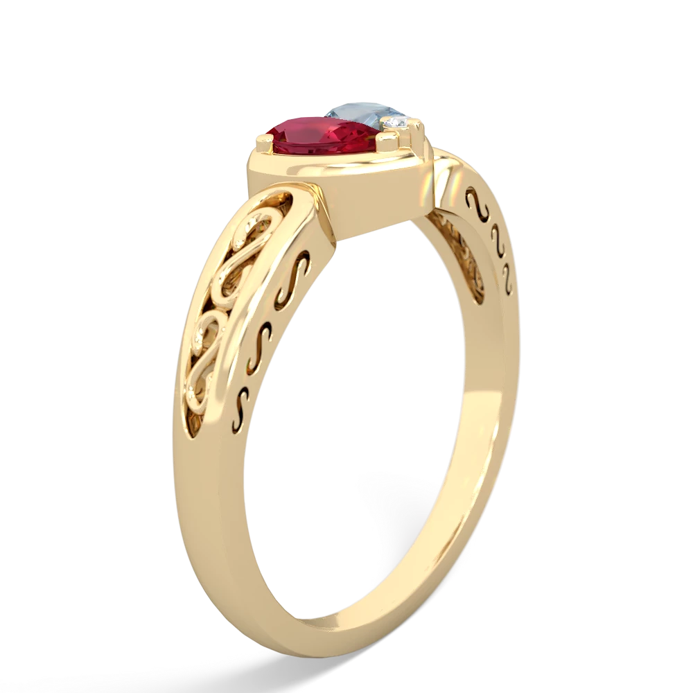 Lab Ruby Filligree 'One Heart' 14K Yellow Gold ring R5070