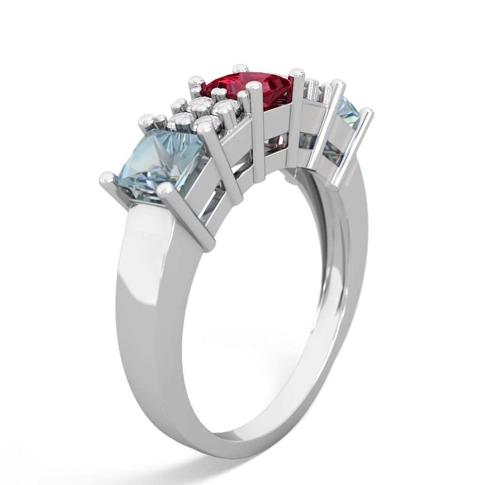 Lab Ruby Three Stone Diamond Cluster 14K White Gold ring R2592