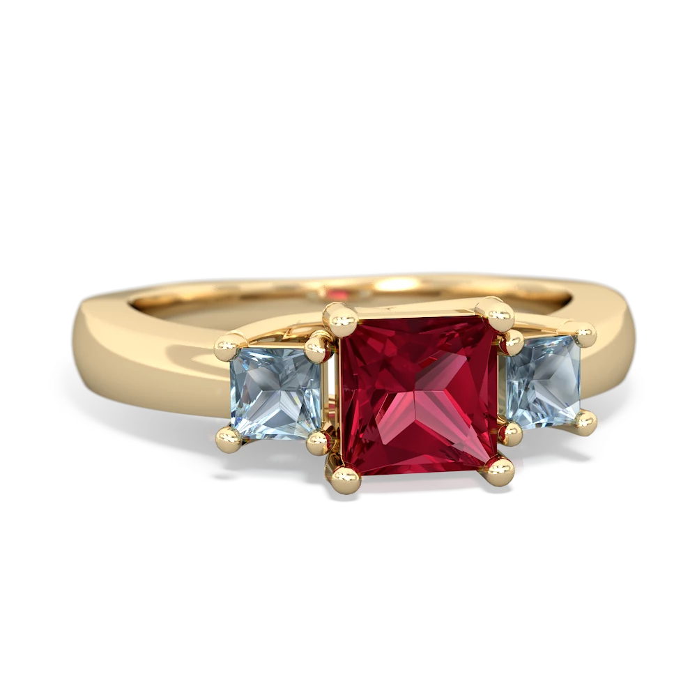 Lab Ruby Three Stone Trellis 14K Yellow Gold ring R4015