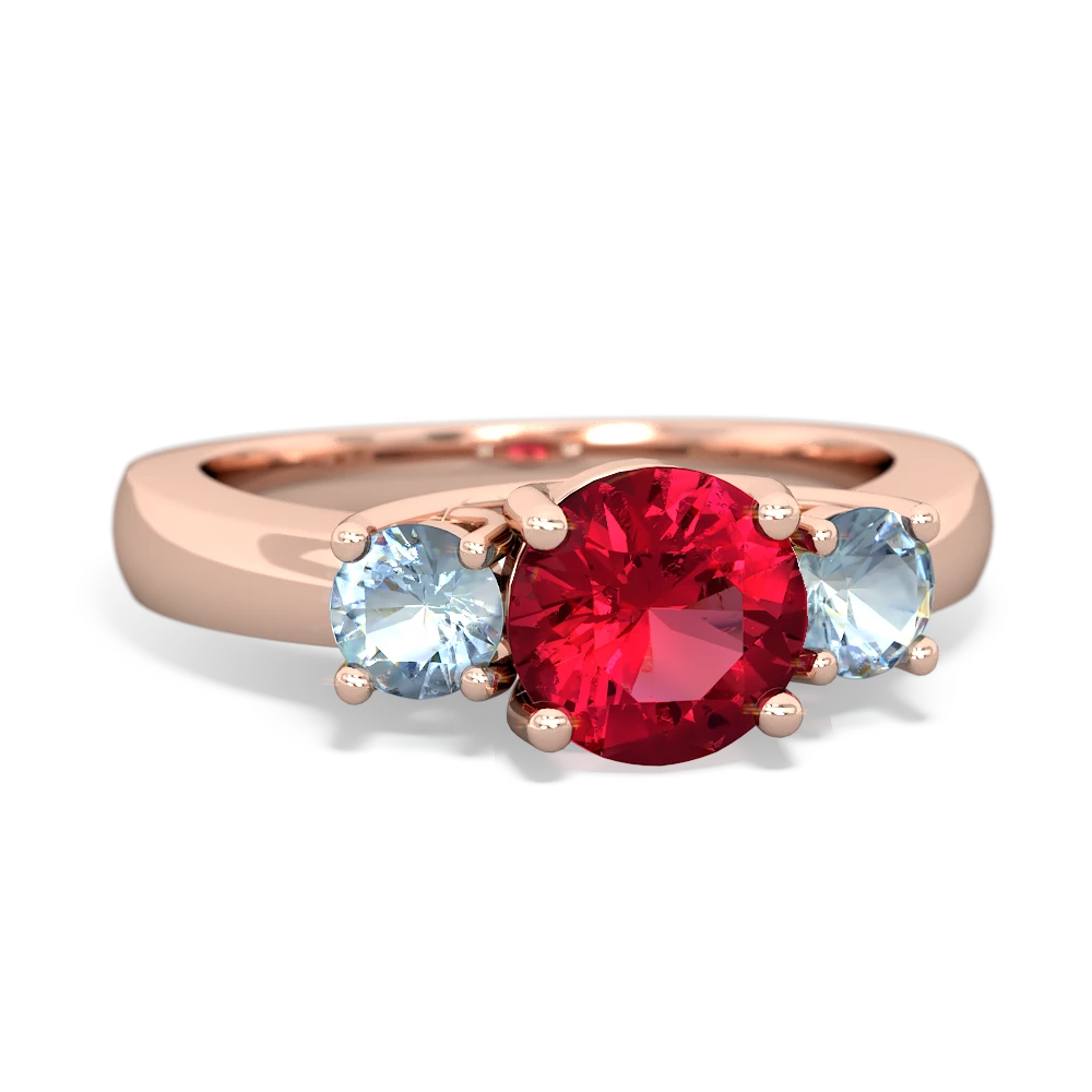 Lab Ruby Three Stone Round Trellis 14K Rose Gold ring R4018