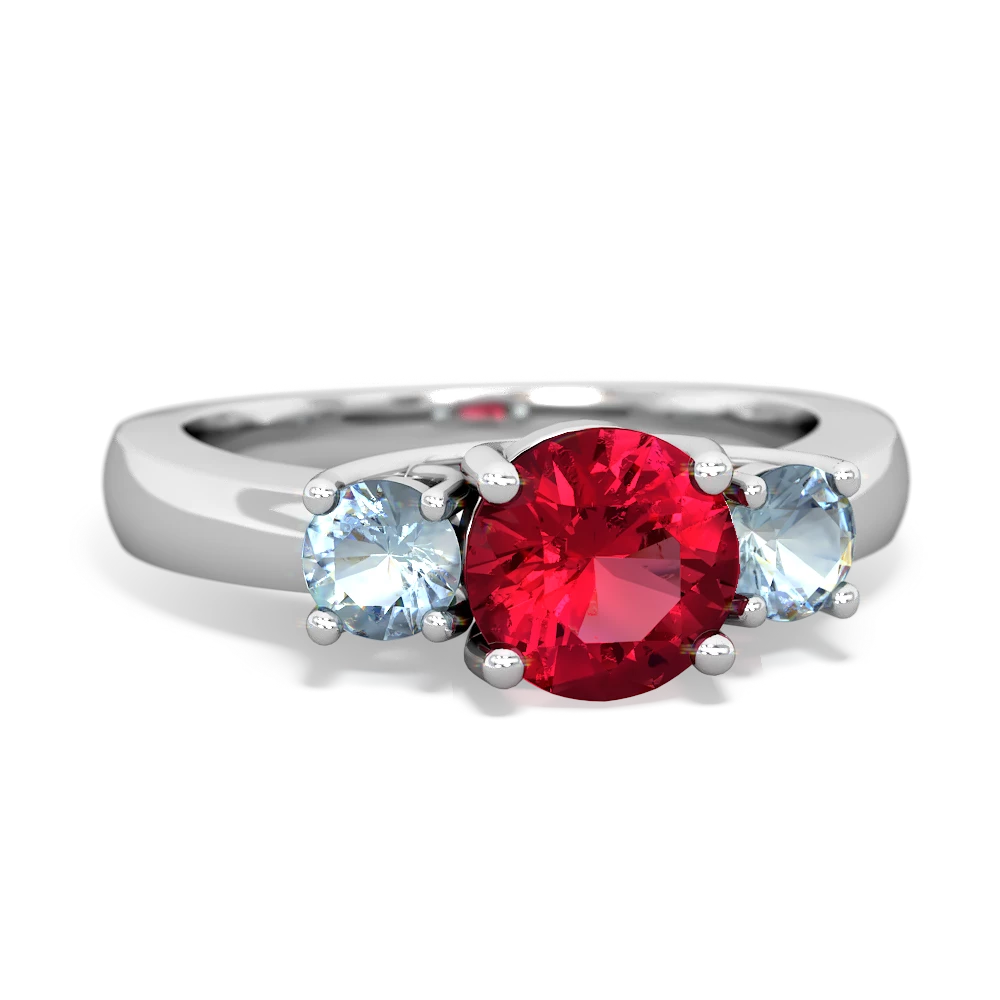 Lab Ruby Three Stone Round Trellis 14K White Gold ring R4018