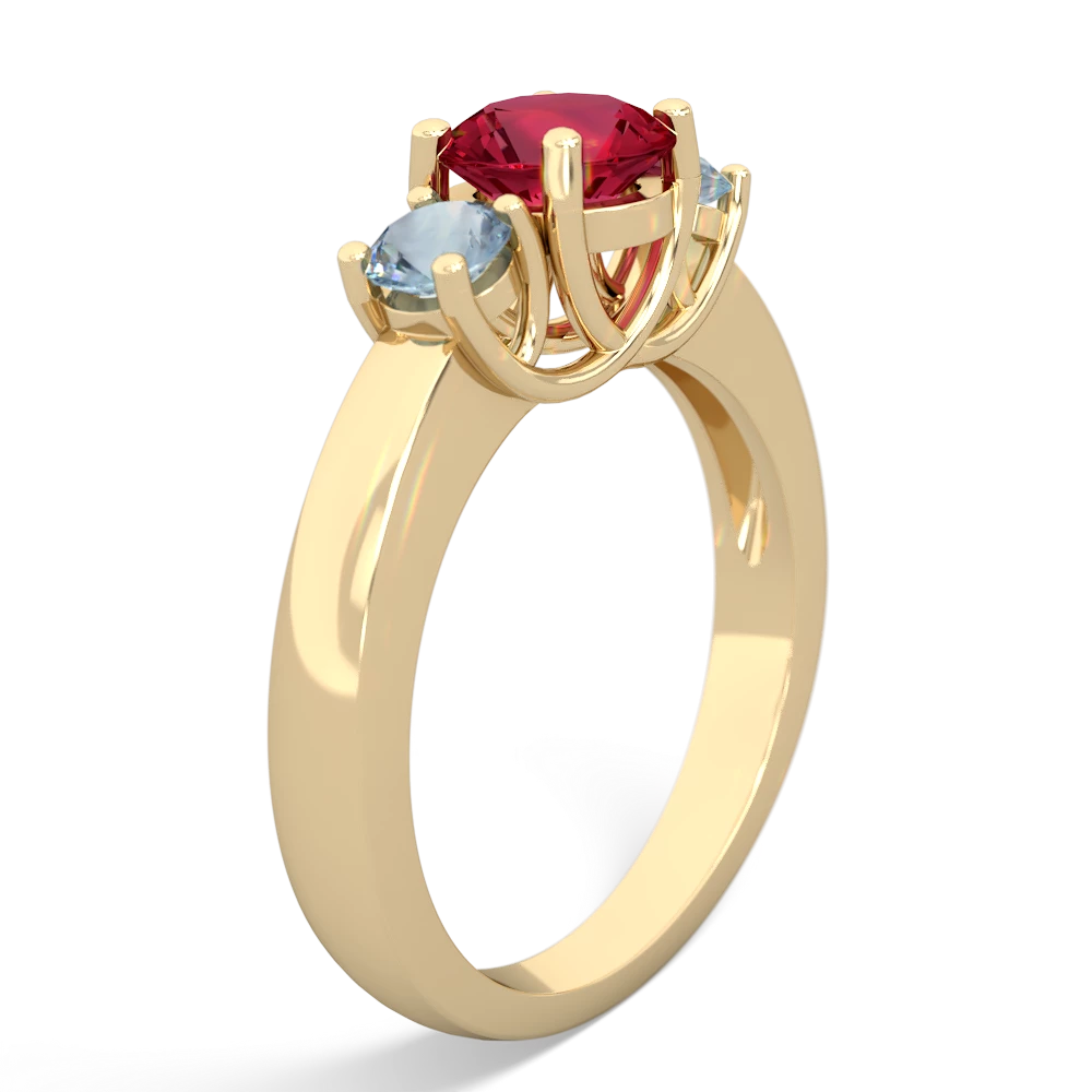 Lab Ruby Three Stone Round Trellis 14K Yellow Gold ring R4018