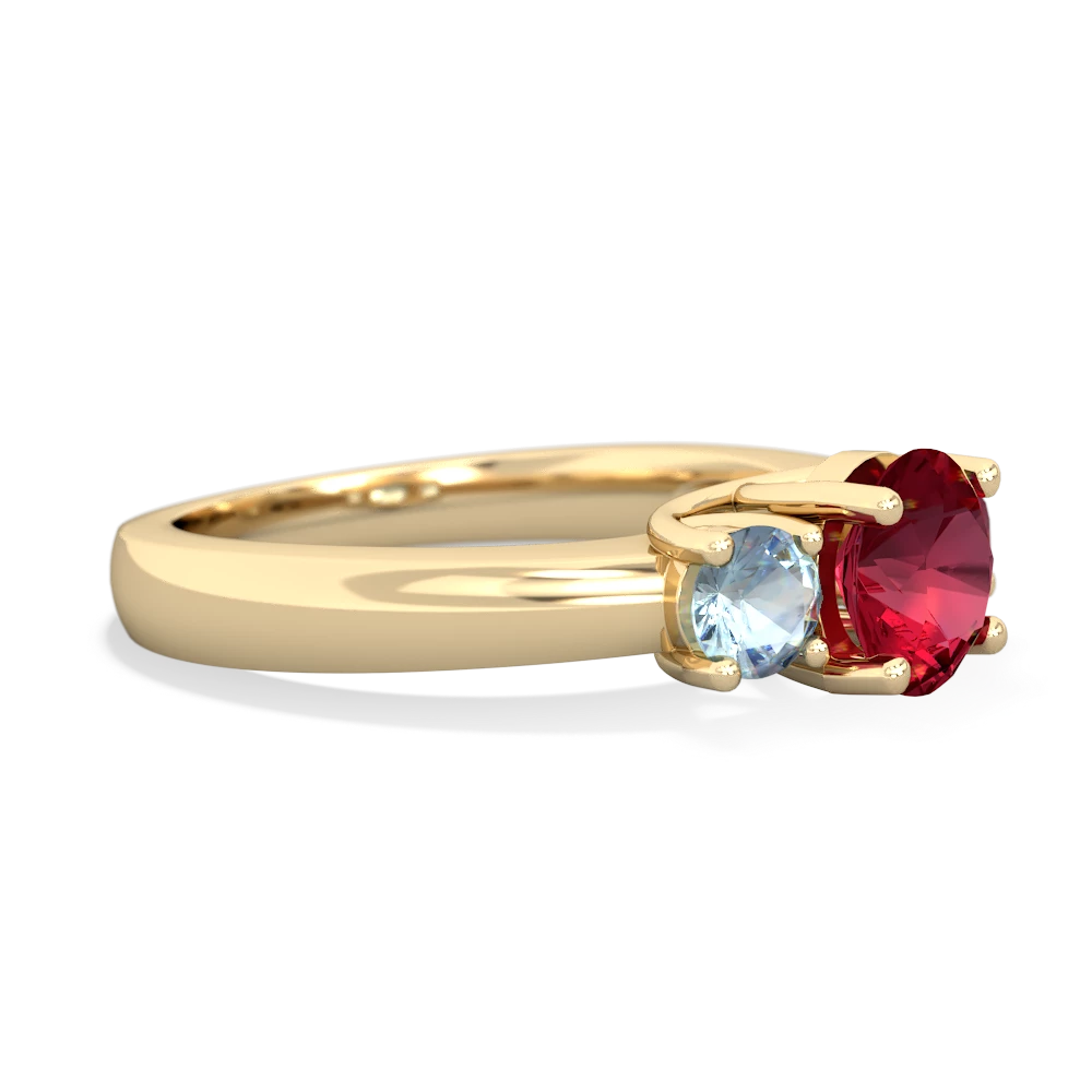 Lab Ruby Three Stone Round Trellis 14K Yellow Gold ring R4018