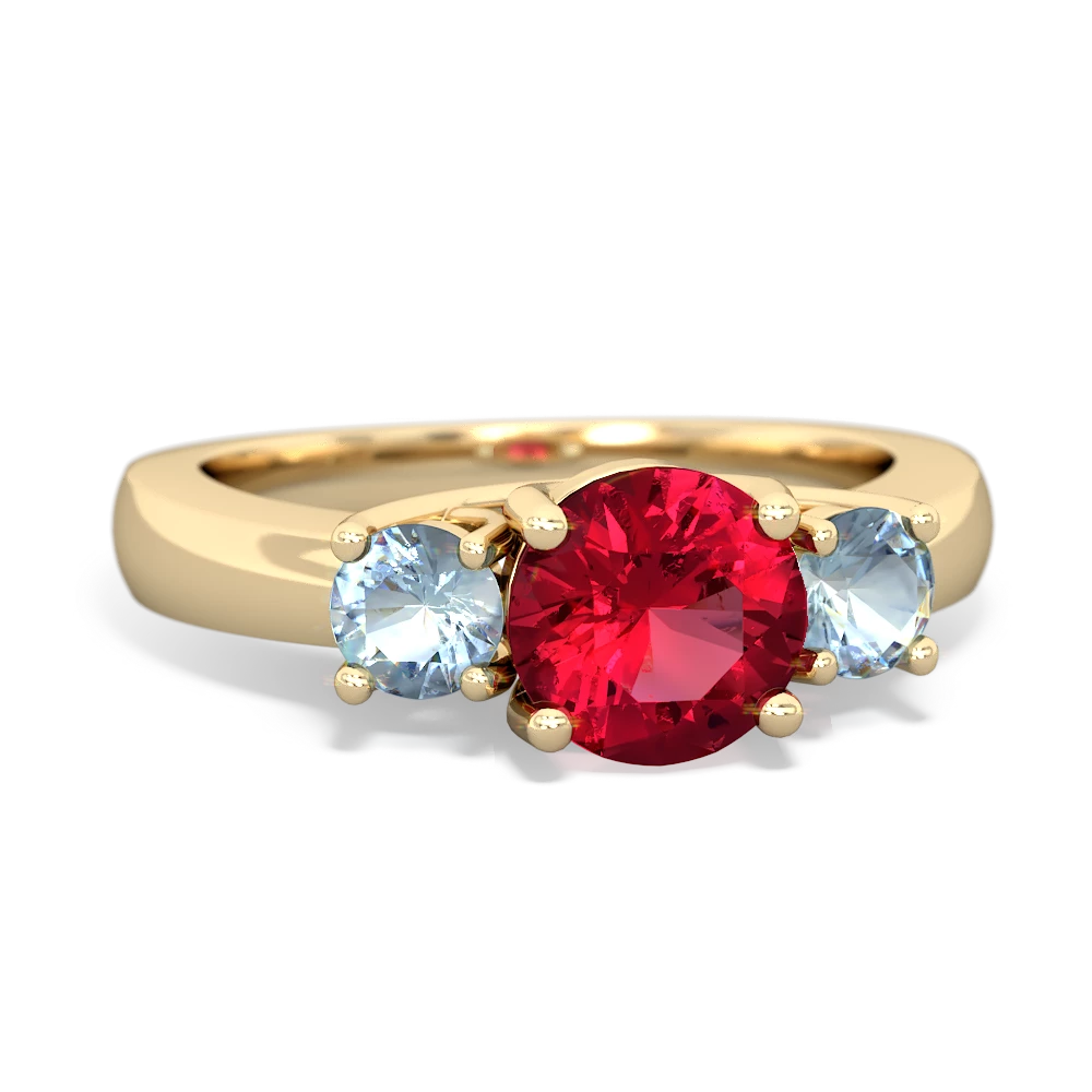 Lab Ruby Three Stone Round Trellis 14K Yellow Gold ring R4018