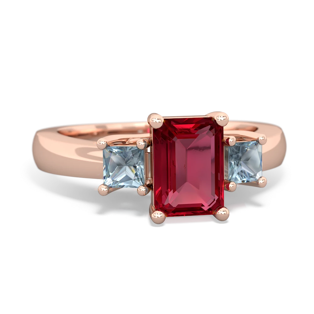 Lab Ruby Three Stone Emerald-Cut Trellis 14K Rose Gold ring R4021