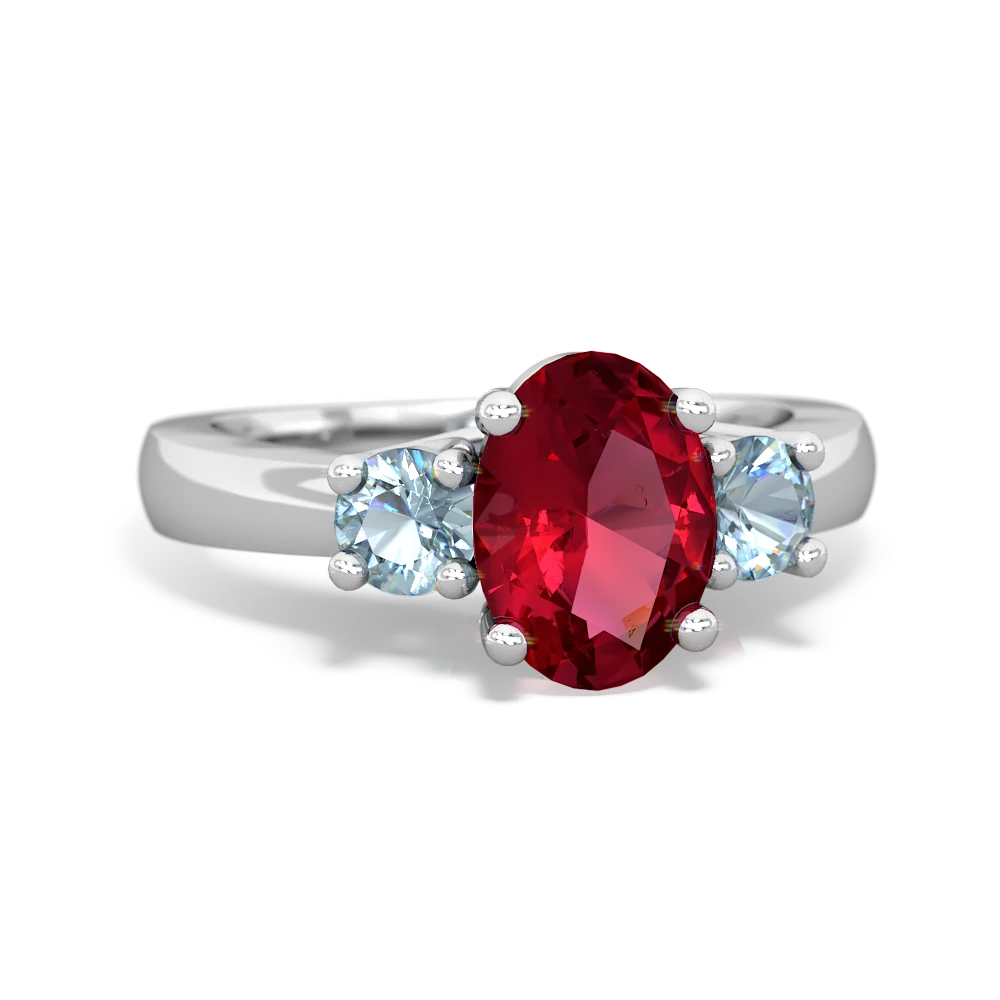 Lab Ruby Three Stone Oval Trellis 14K White Gold ring R4024