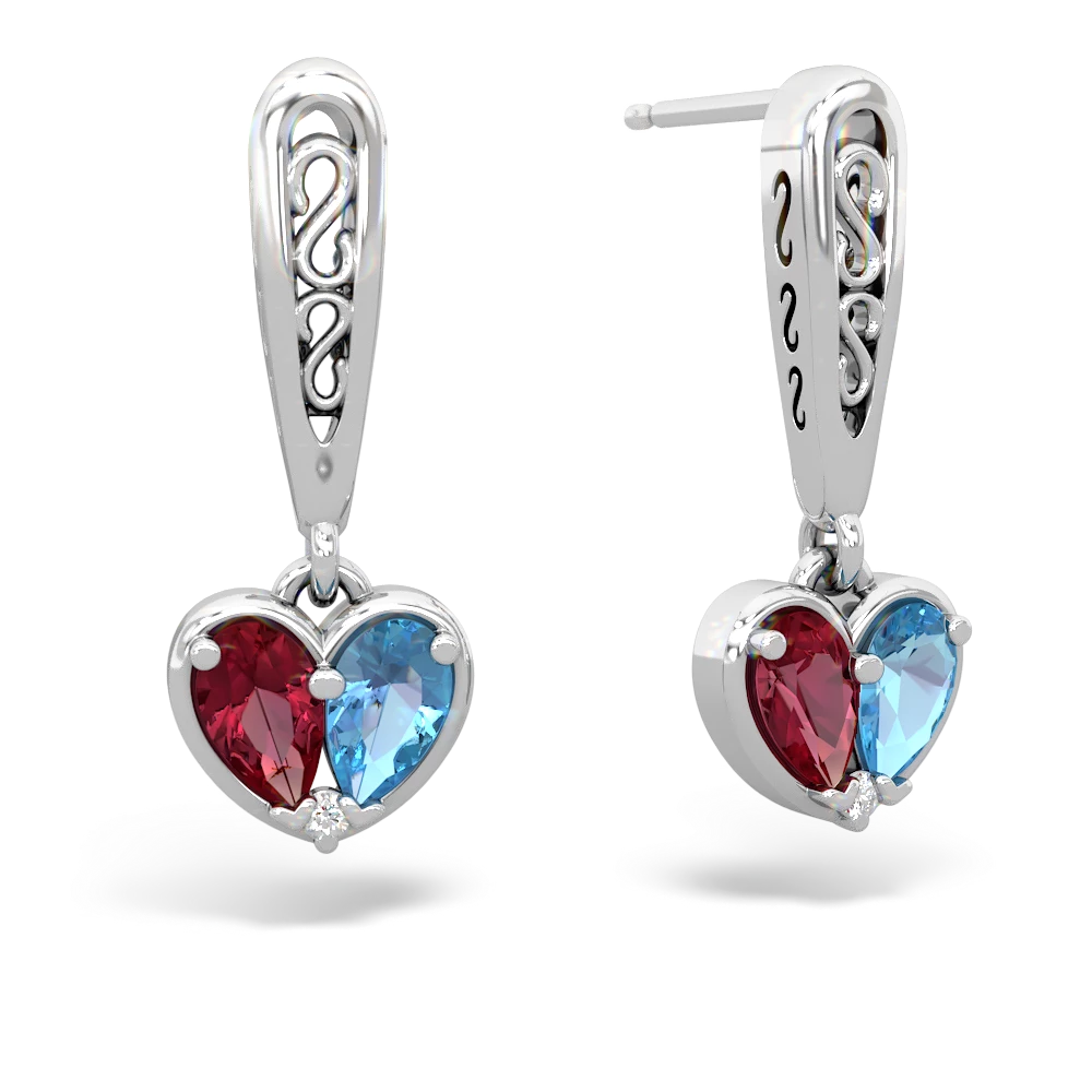 Lab Ruby Filligree Heart 14K White Gold earrings E5070