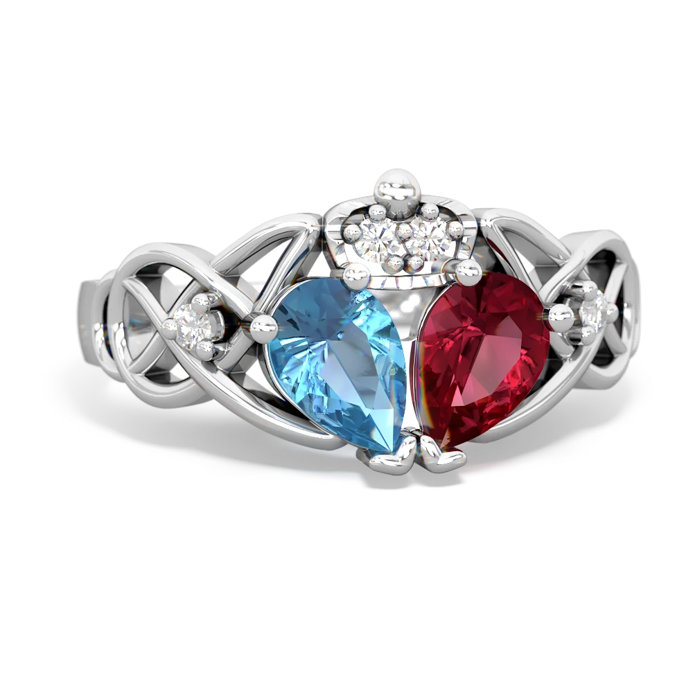 Lab Ruby 'One Heart' Celtic Knot Claddagh 14K White Gold ring R5322