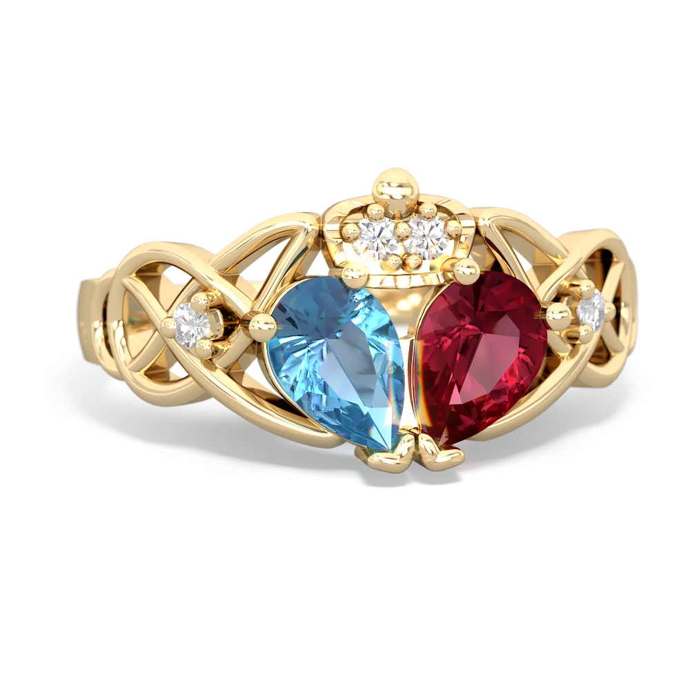 Lab Ruby 'One Heart' Celtic Knot Claddagh 14K Yellow Gold ring R5322