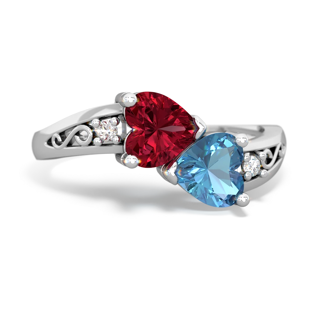 Lab Ruby Snuggling Hearts 14K White Gold ring R2178