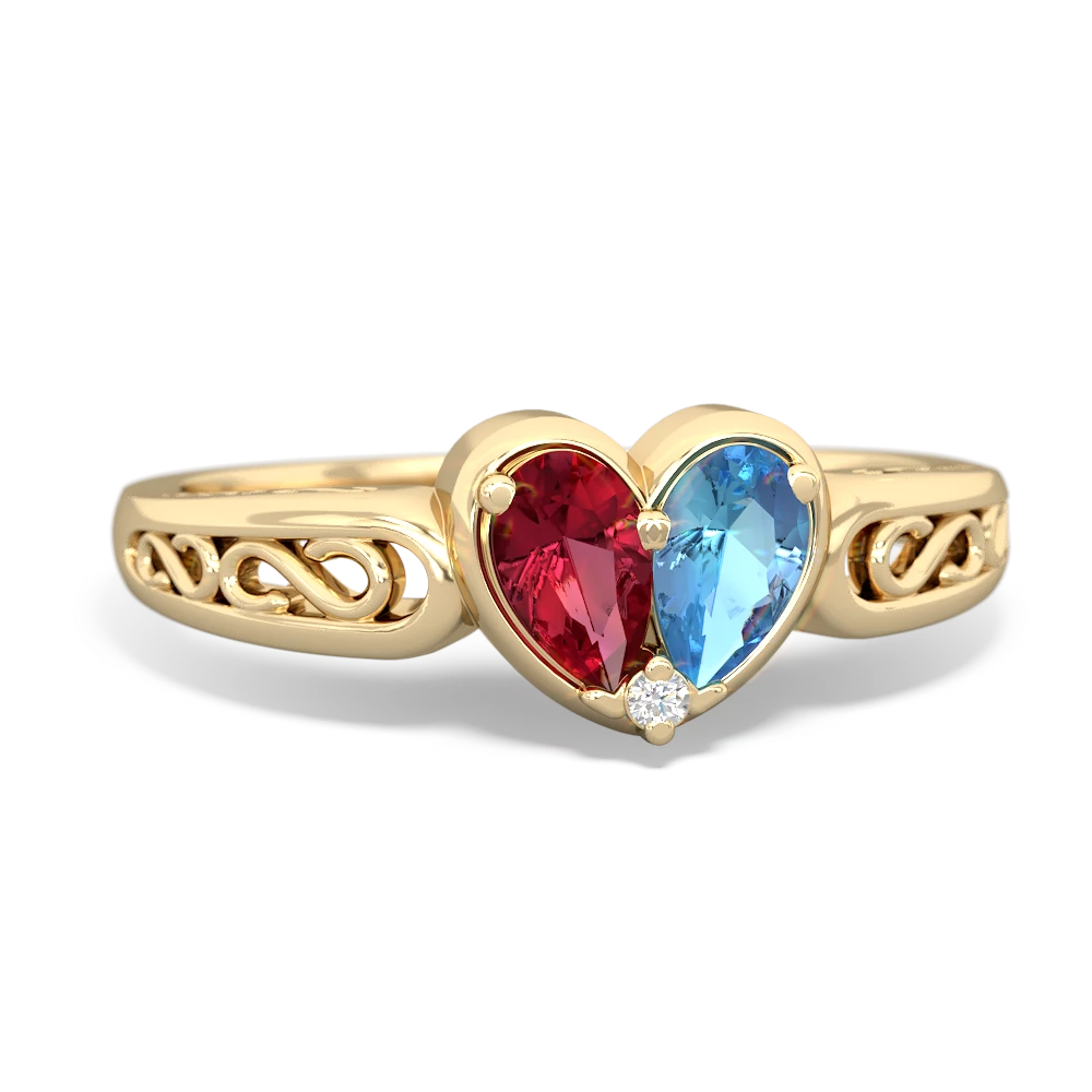 Lab Ruby Filligree 'One Heart' 14K Yellow Gold ring R5070