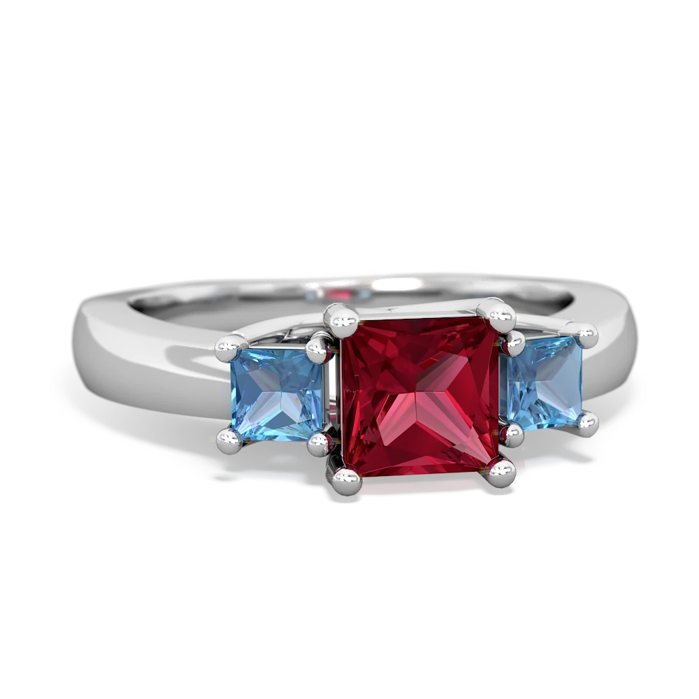 Lab Ruby Three Stone Trellis 14K White Gold ring R4015