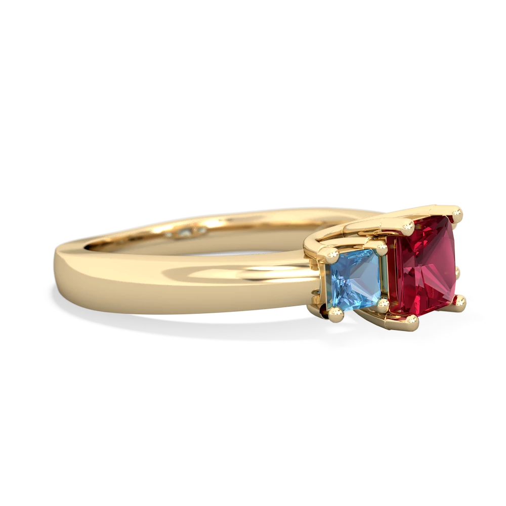 Lab Ruby Three Stone Trellis 14K Yellow Gold ring R4015