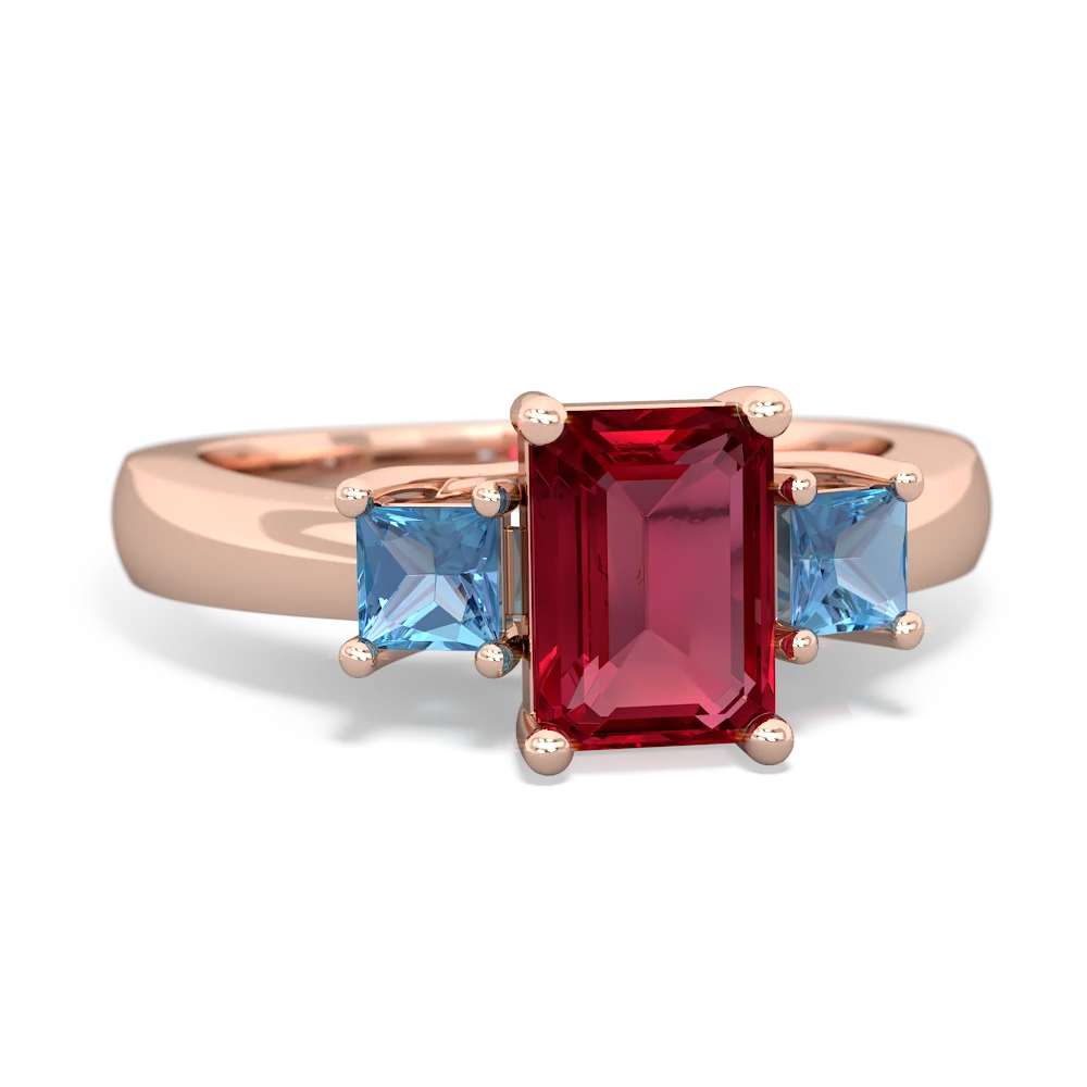 Lab Ruby Three Stone Emerald-Cut Trellis 14K Rose Gold ring R4021