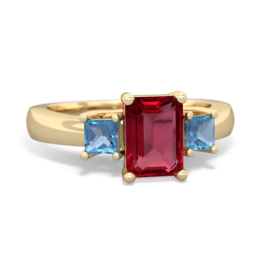 Lab Ruby Three Stone Emerald-Cut Trellis 14K Yellow Gold ring R4021