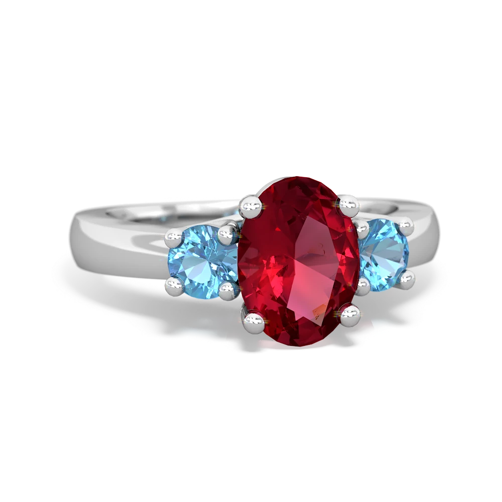 Lab Ruby Three Stone Oval Trellis 14K White Gold ring R4024