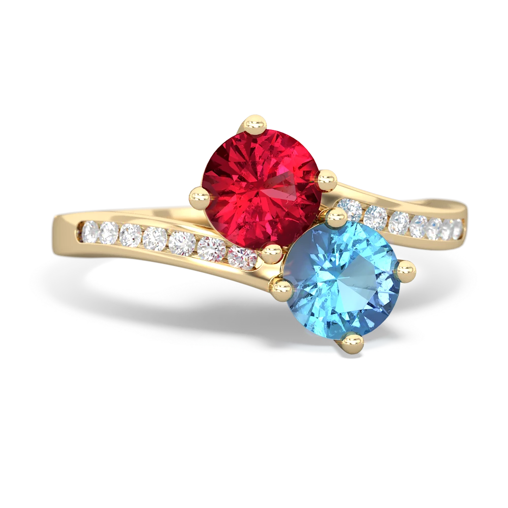 Lab Ruby Channel Set Two Stone 14K Yellow Gold ring R5303