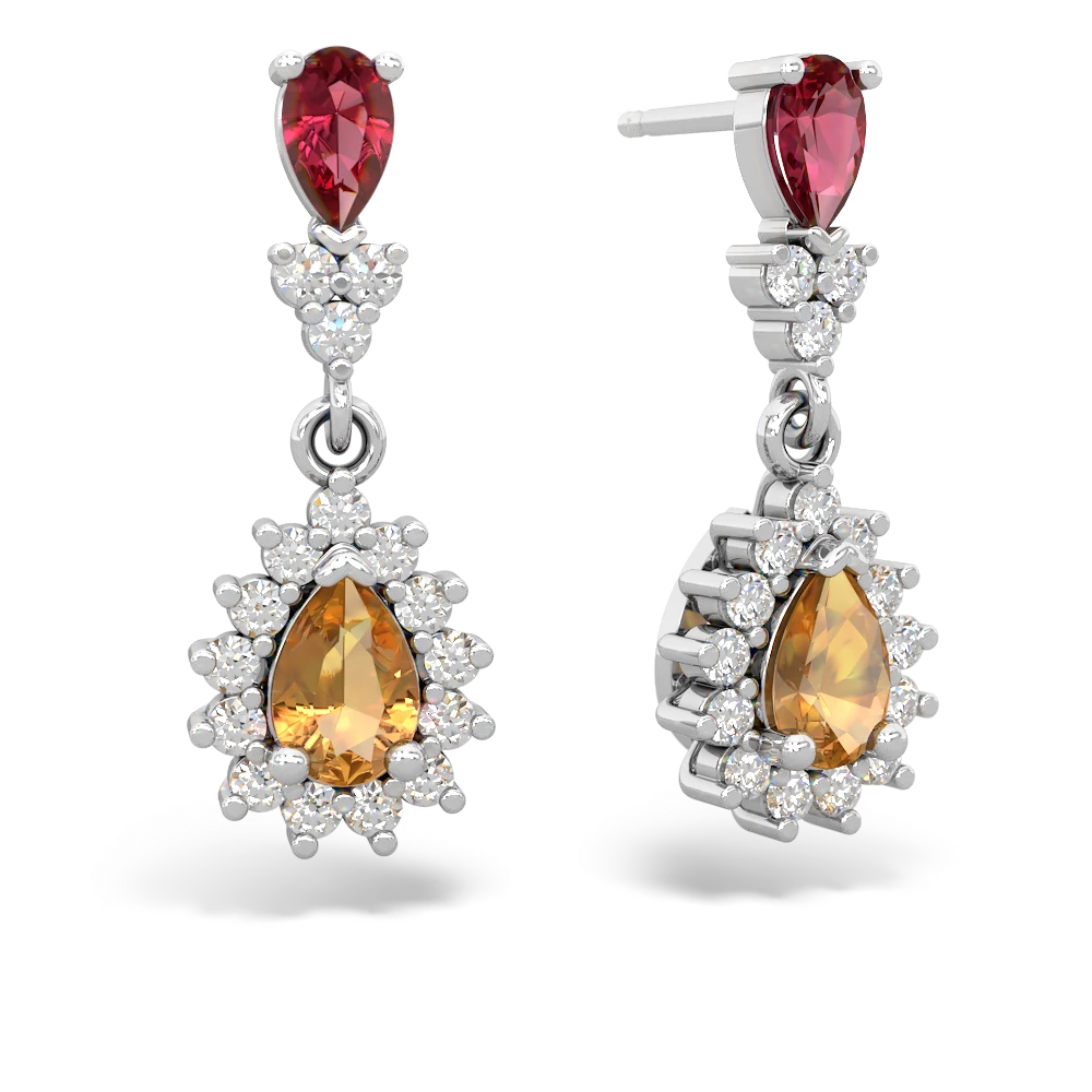 Lab Ruby Halo Pear Dangle 14K White Gold earrings E1882