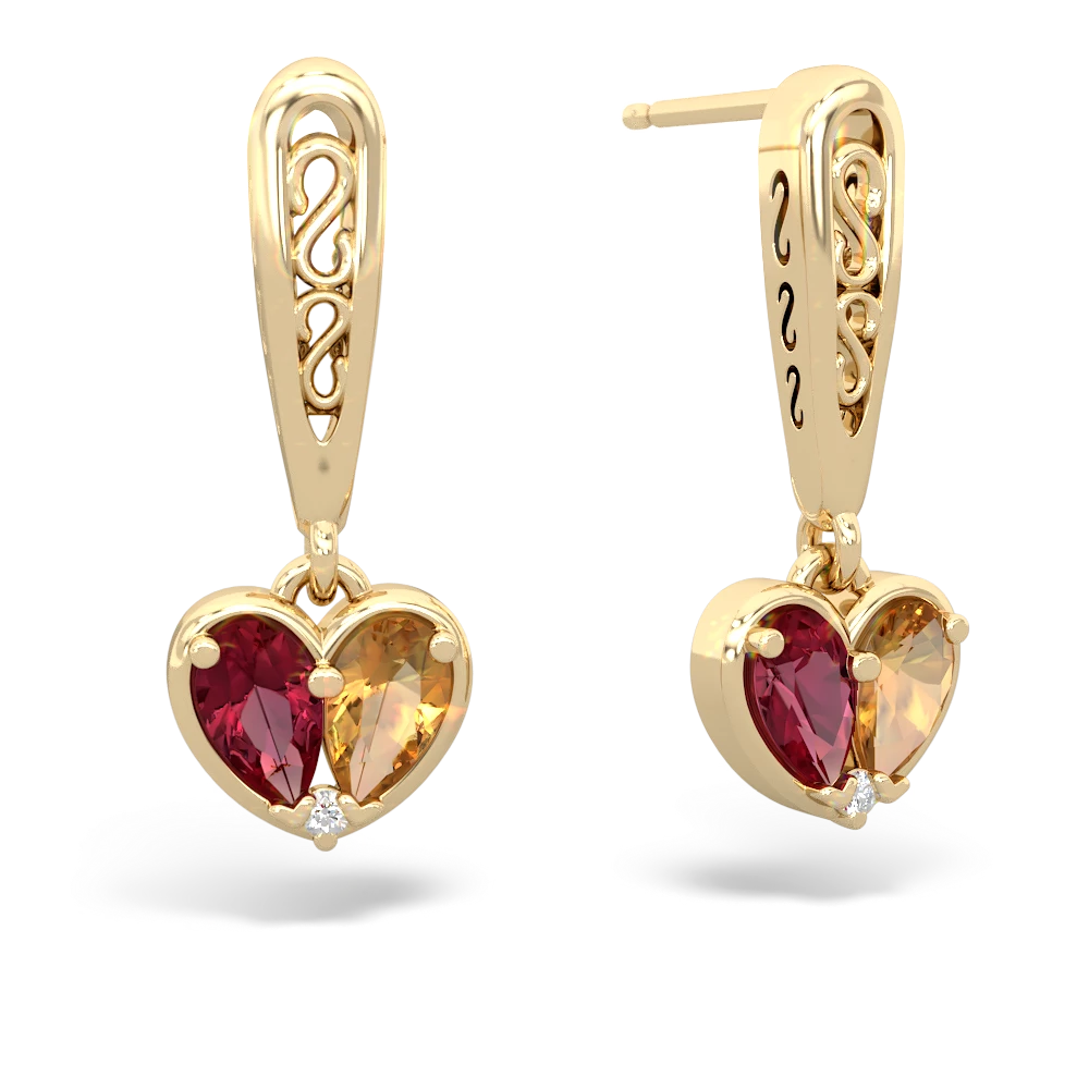 Lab Ruby Filligree Heart 14K Yellow Gold earrings E5070