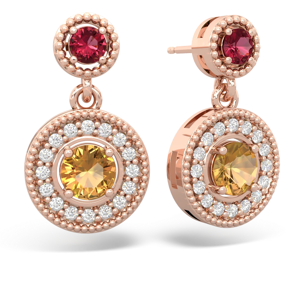 Lab Ruby Halo Dangle 14K Rose Gold earrings E5319