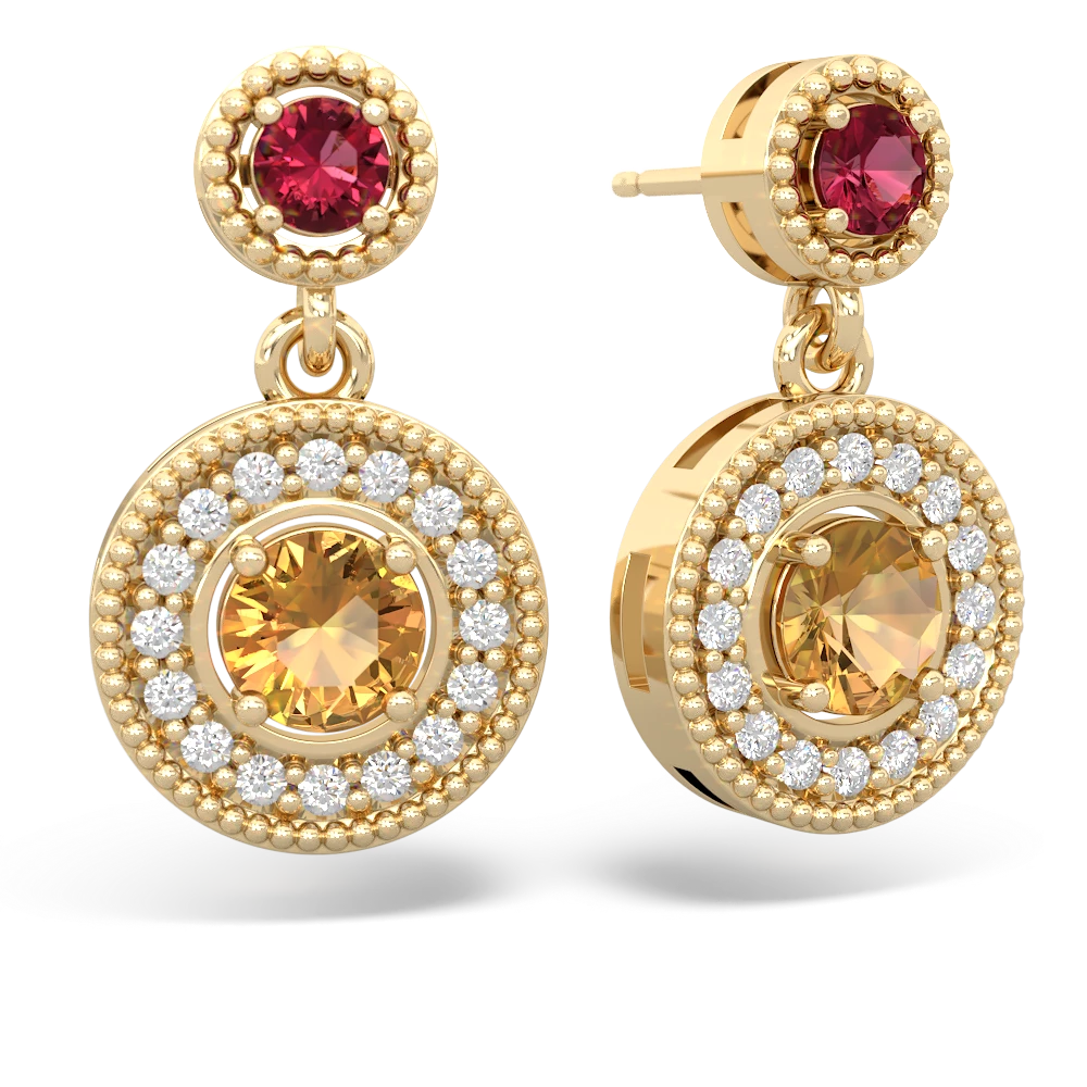 Lab Ruby Halo Dangle 14K Yellow Gold earrings E5319