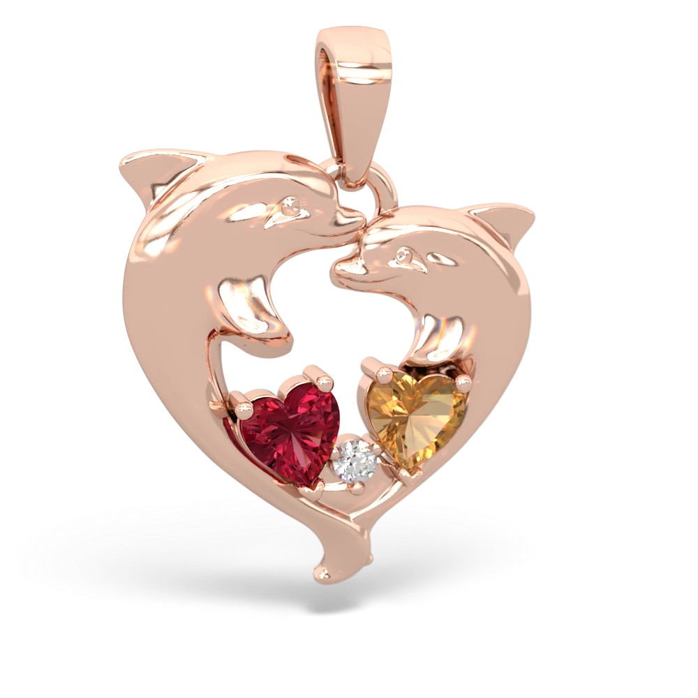 Lab Ruby Dolphin Heart 14K Rose Gold pendant P5820