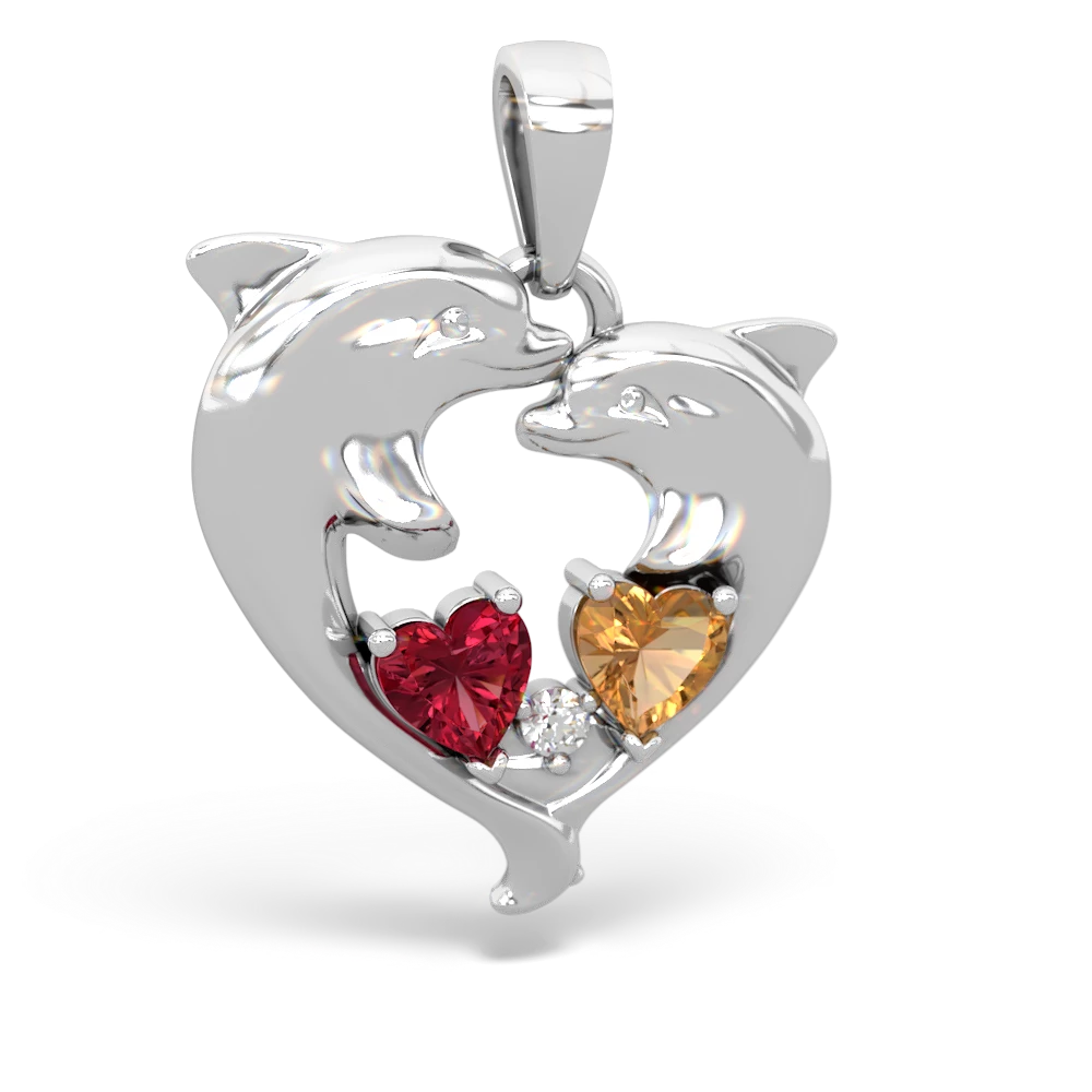 Lab Ruby Dolphin Heart 14K White Gold pendant P5820