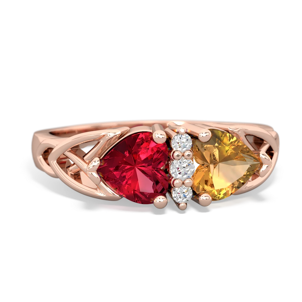 Lab Ruby Celtic Knot Double Heart 14K Rose Gold ring R5040