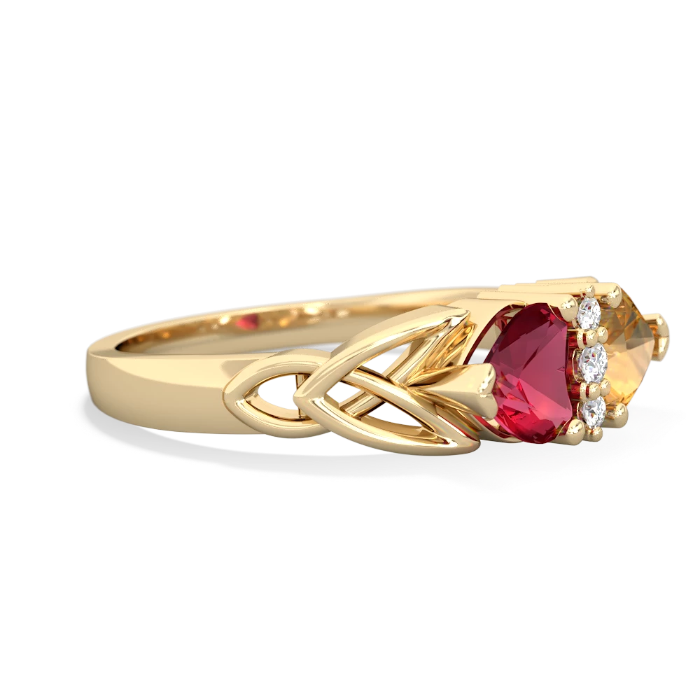 Lab Ruby Celtic Knot Double Heart 14K Yellow Gold ring R5040