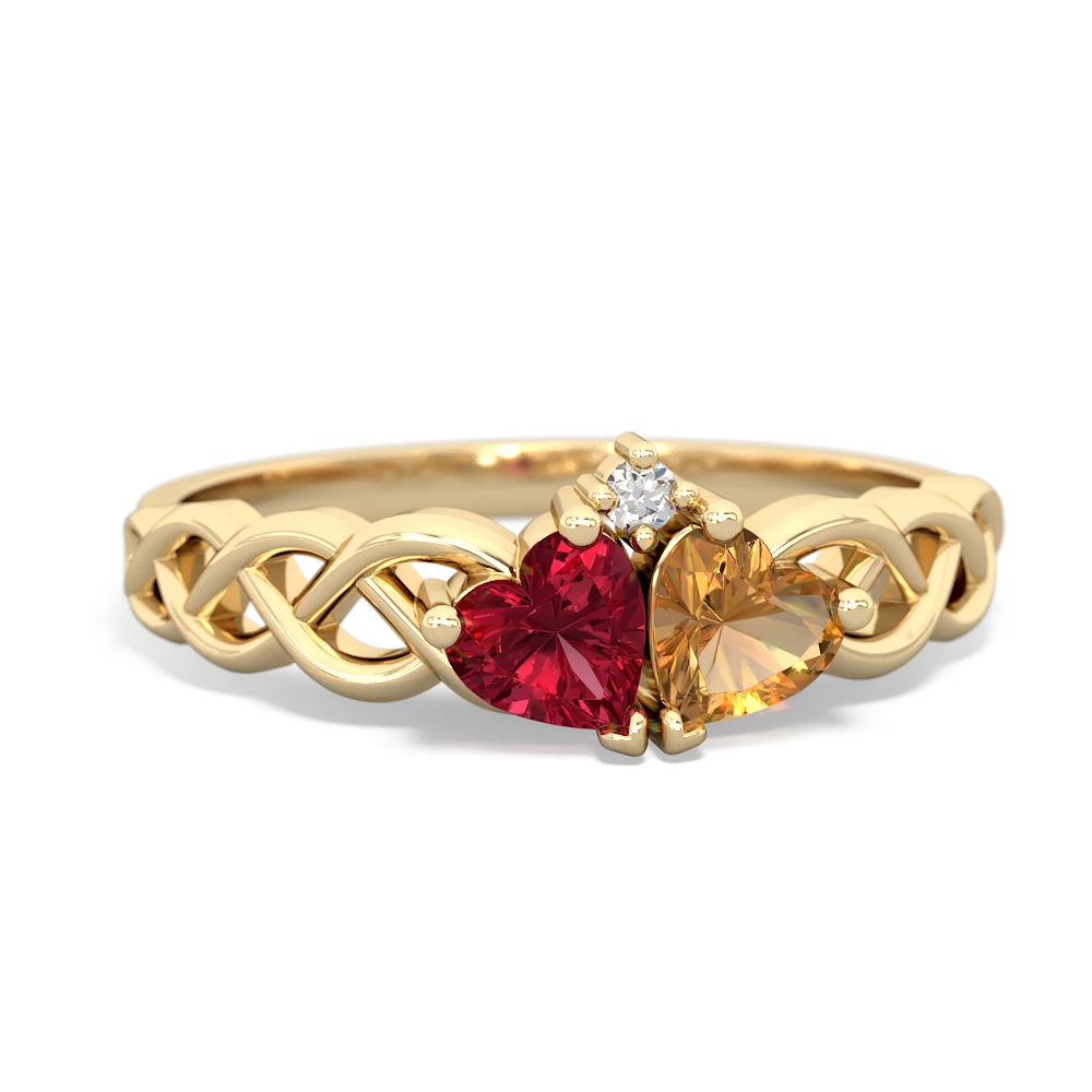 Lab Ruby Heart To Heart Braid 14K Yellow Gold ring R5870