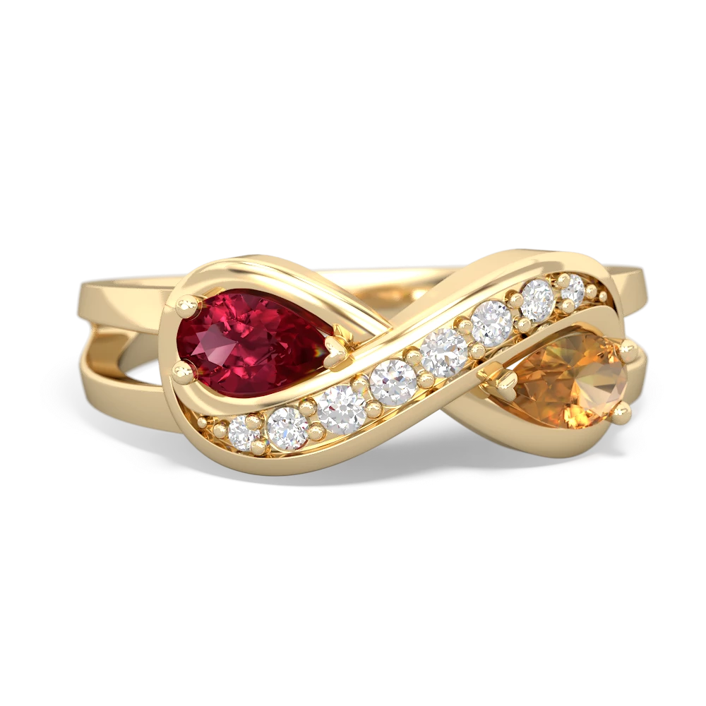 Lab Ruby Diamond Infinity 14K Yellow Gold ring R5390