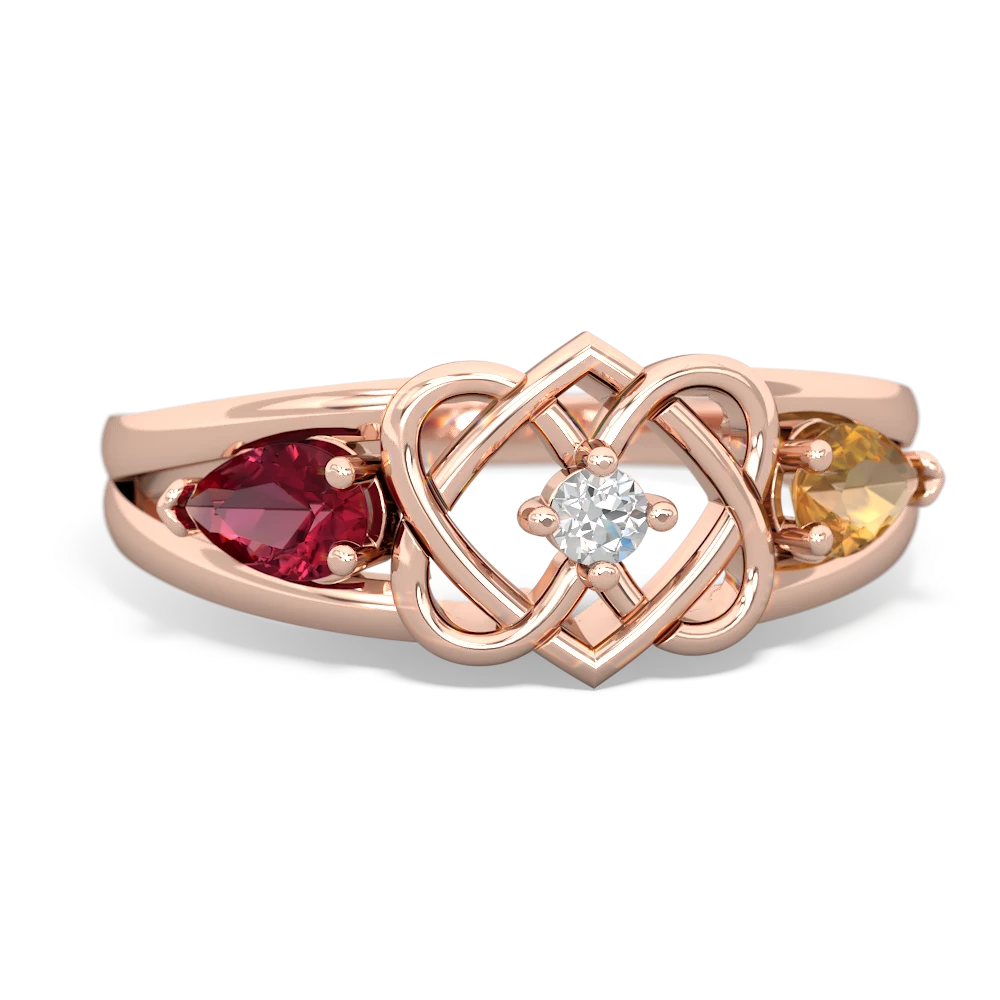 Lab Ruby Hearts Intertwined 14K Rose Gold ring R5880