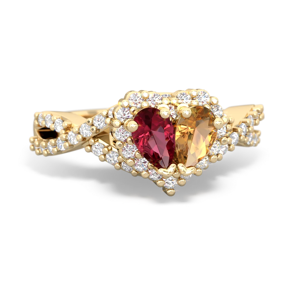 Lab Ruby Diamond Twist 'One Heart' 14K Yellow Gold ring R2640HRT