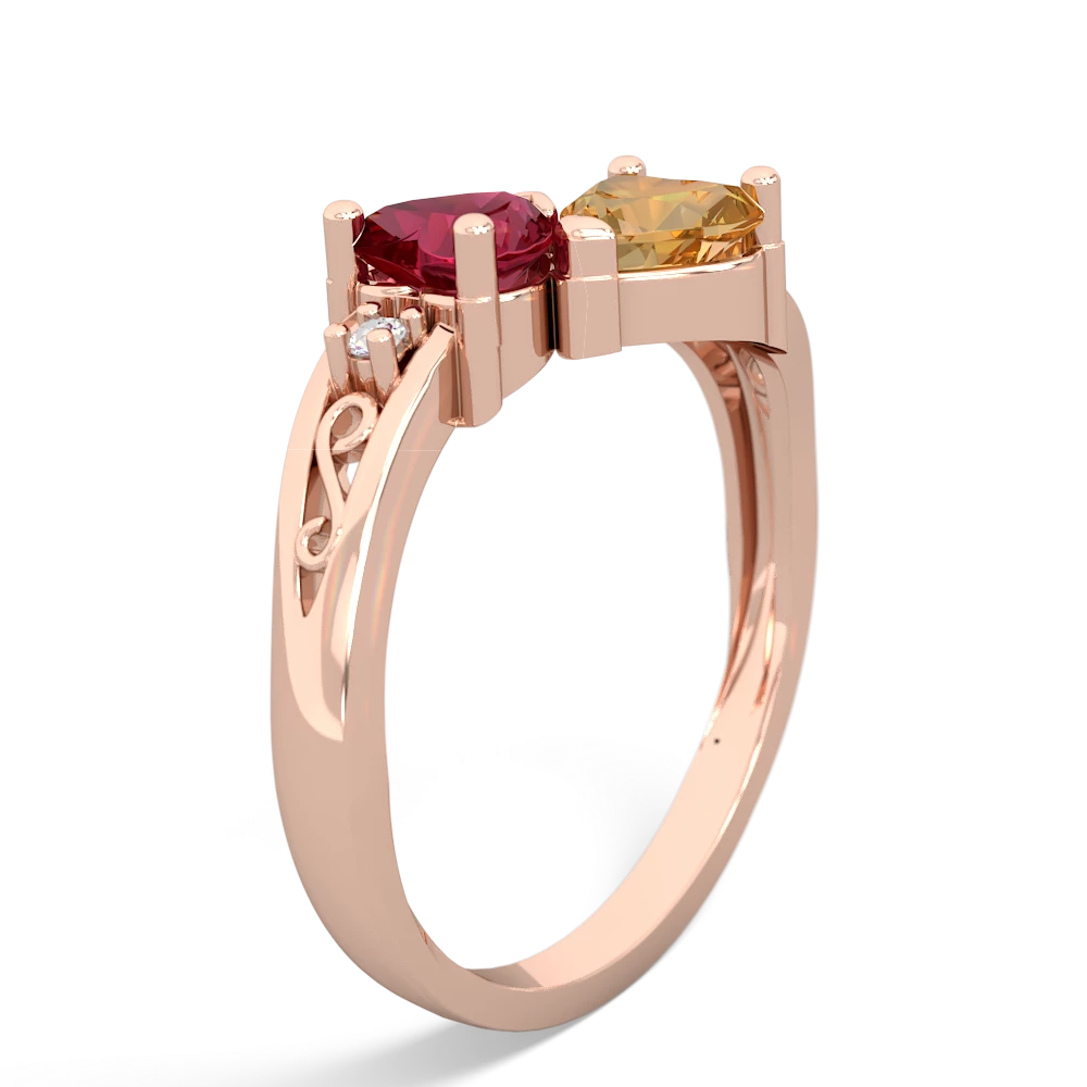 Lab Ruby Snuggling Hearts 14K Rose Gold ring R2178