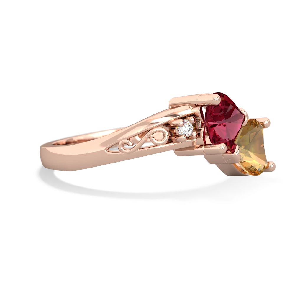 Lab Ruby Snuggling Hearts 14K Rose Gold ring R2178