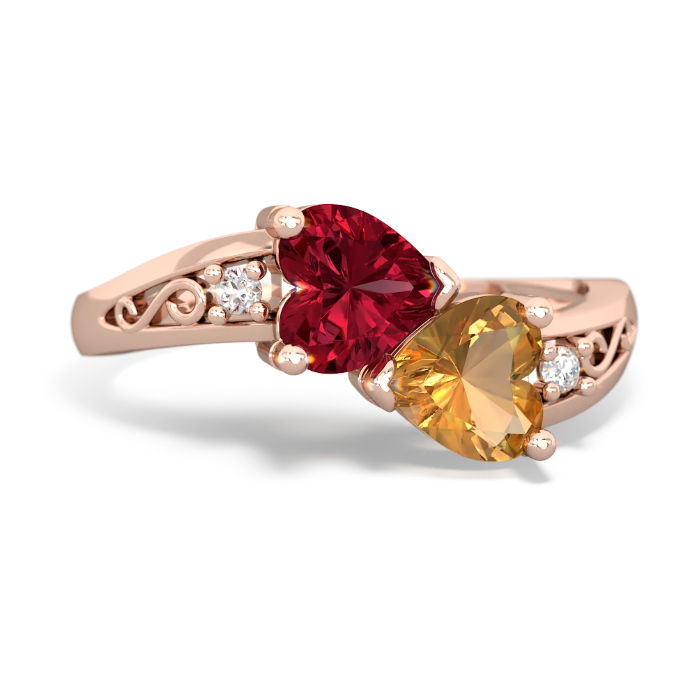 Lab Ruby Snuggling Hearts 14K Rose Gold ring R2178