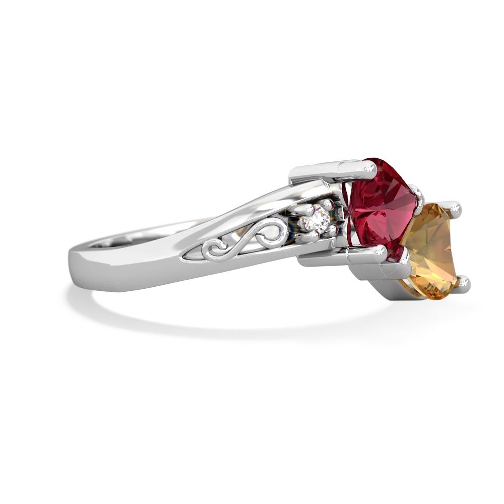 Lab Ruby Snuggling Hearts 14K White Gold ring R2178