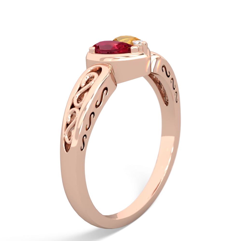 Lab Ruby Filligree 'One Heart' 14K Rose Gold ring R5070