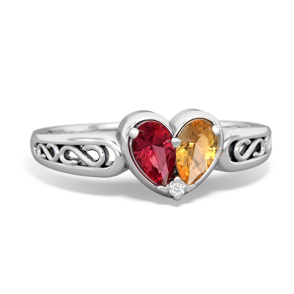 Lab Ruby Filligree 'One Heart' 14K White Gold ring R5070