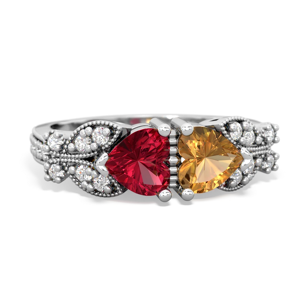 Lab Ruby Diamond Butterflies 14K White Gold ring R5601