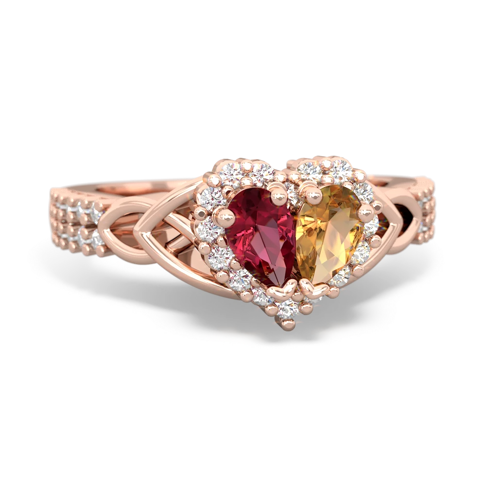 Lab Ruby Celtic Knot Two Hearts As One 14K Rose Gold ring R2644HRT